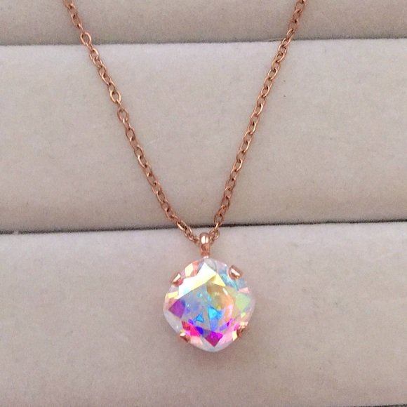 Aurora Borealis + Rose Gold Cushion Cut Crystal Drop Pendant Necklace - Picture 7 of 10
